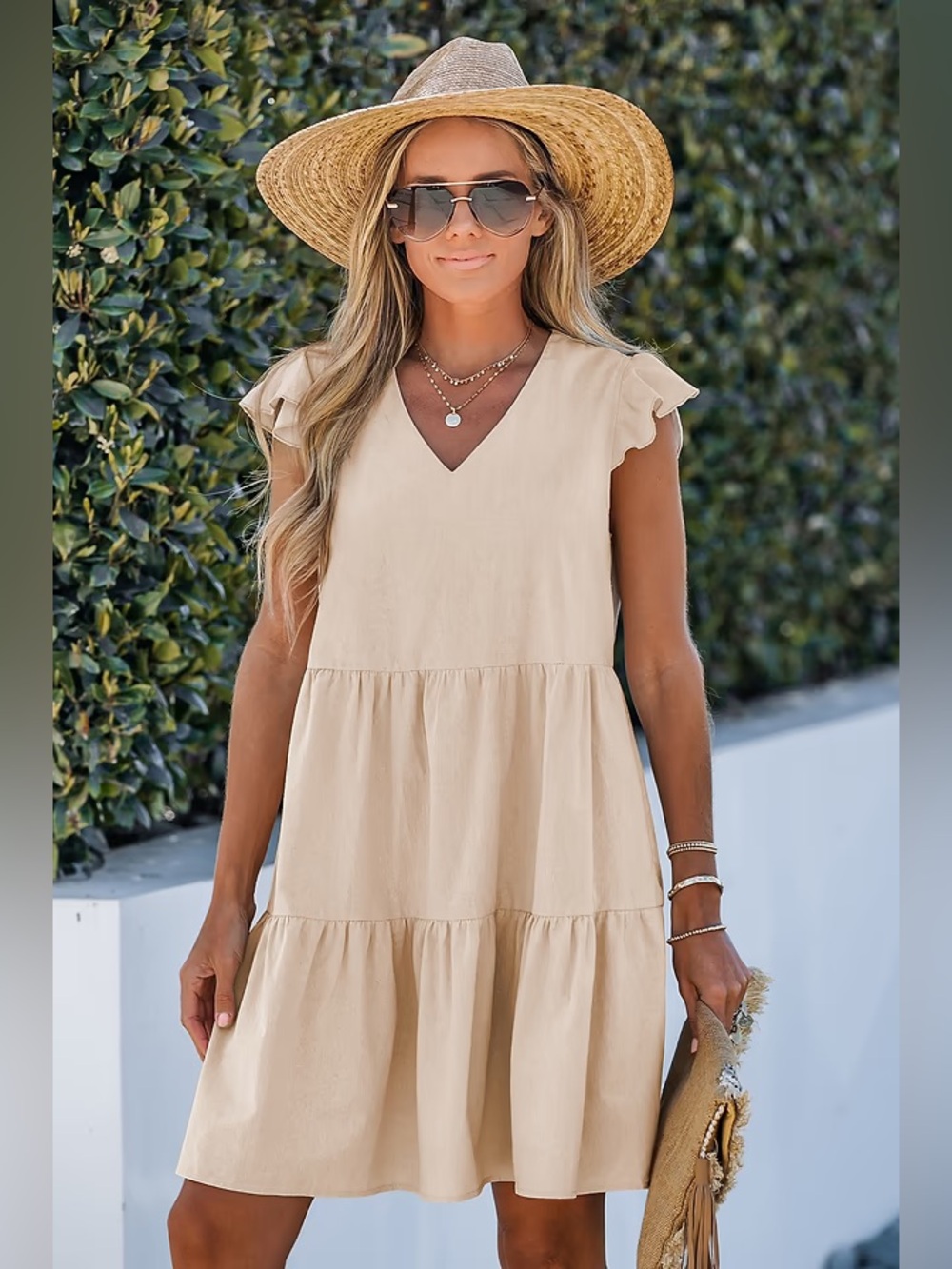 Cupshe Cream Tiered V-Neck Short Sleeve Sundress